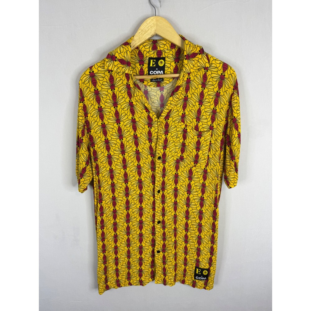 COPA x E‎ W.F.C. Hornet Print Viscose Button Down Shirt Yellow Mens Large
